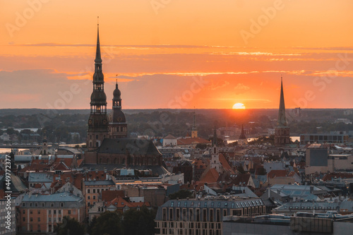 Sunset panoramic aerial view over Riga city  the capital of Latvia  European baltic country