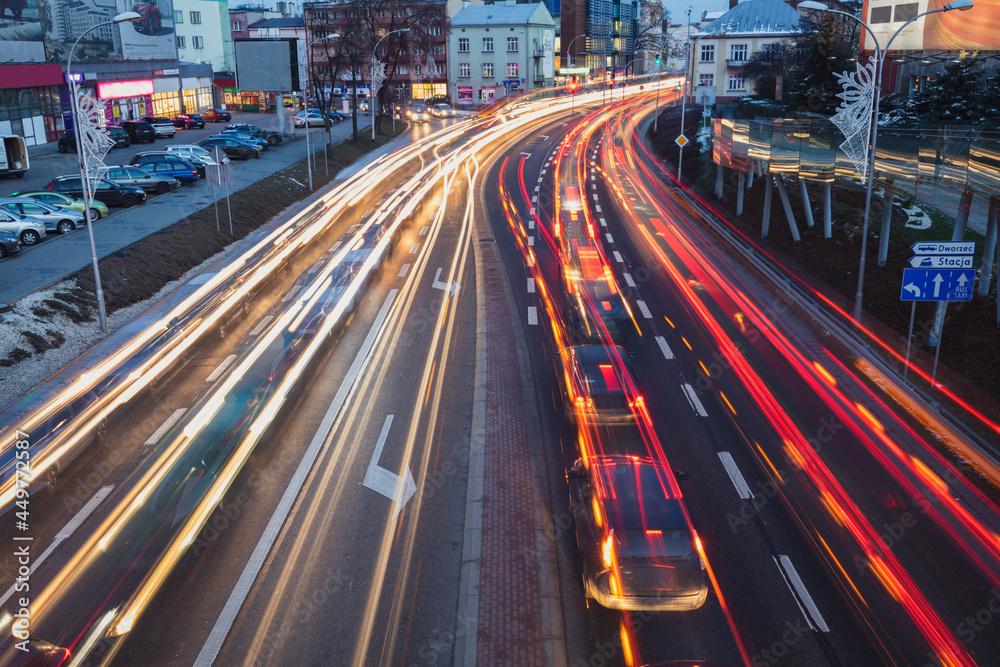 Poland, Subcarpathia, Rzeszow, Evening traffic in city Poland, Subcarpathia, Rzeszow, Evening traffic in city