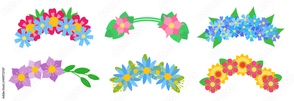 Wreaths abstract flower flat colorful icons set for app and web. Chaplet on head plants collection isolated on white background. Wedding botanical diadem. Design element.