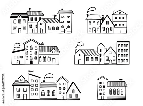 Doodle city street with house. Hand drawn sketch style. House building with roof. Vector illustration for village, town pattern, background.