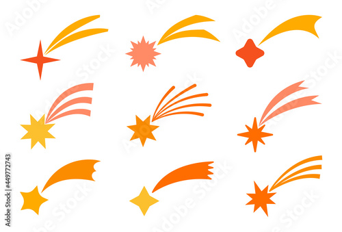 Comet sticker label flat style set. Celestial object rising stars with tail collection. For design and decorating chidren room, for logo, app and web. Vector cartoon illustration