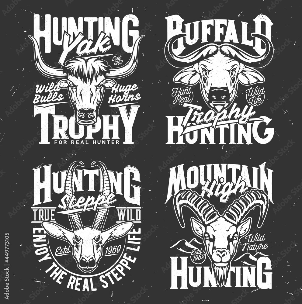 Fototapeta premium Tshirt print with mountain goat, buffalo, yak and gazelle heads. Vector wild animal mascots for hunting club, hunter trophy black and white labels for apparel design, isolated emblems for hunt society