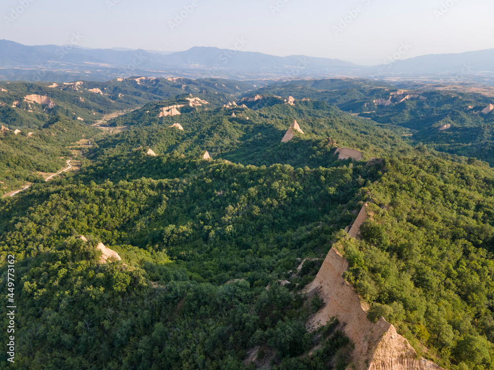 Obraz premium Aerial sunset view of Rozhen sand pyramids, Bulgaria
