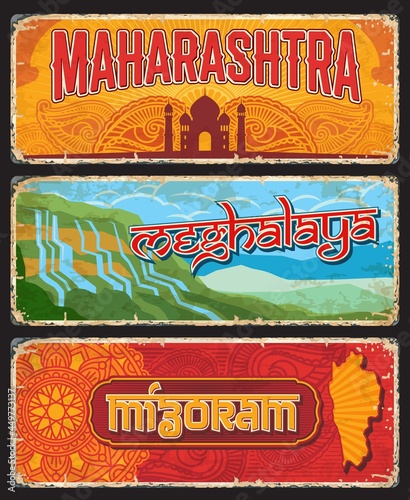 Maharashtra, Meghalaya and Mizoram Indian states vintage plates or banners. Vector travel destination aged signs, India landmarks. Retro grunge boards, worn touristic signboards plaques with ornament