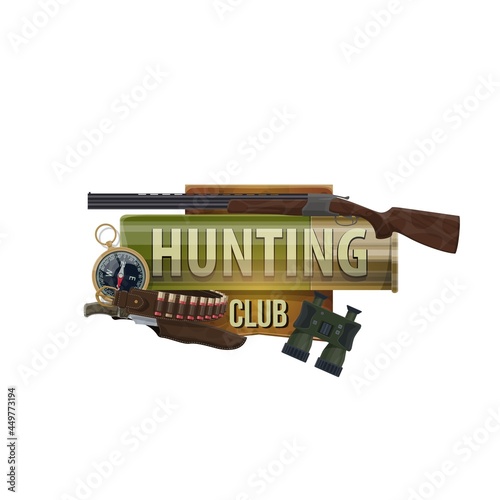 Hunting sport club icon, hunter equipment and hunt ammo, vector symbol. African safari hunt and forest wild animals trophy open season ammunition rifle gun, bullet cartridge bandoleer and compass