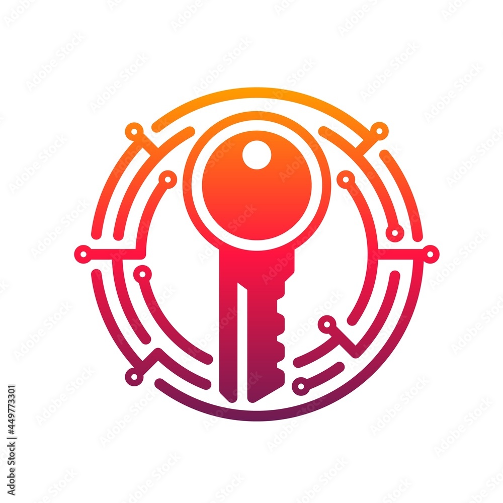 Cyber security key vector icon of network data secure technology. Digital access key in pink round frame of circuit board pattern isolated emblem or symbol of privacy, information and internet safety Cyber security key vector icon of network data secure technology. Digital access key in pink round frame of circuit board pattern isolated emblem or symbol of privacy, information and internet safety