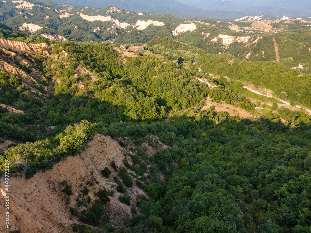 Fototapeta premium Aerial sunset view of Rozhen sand pyramids, Bulgaria