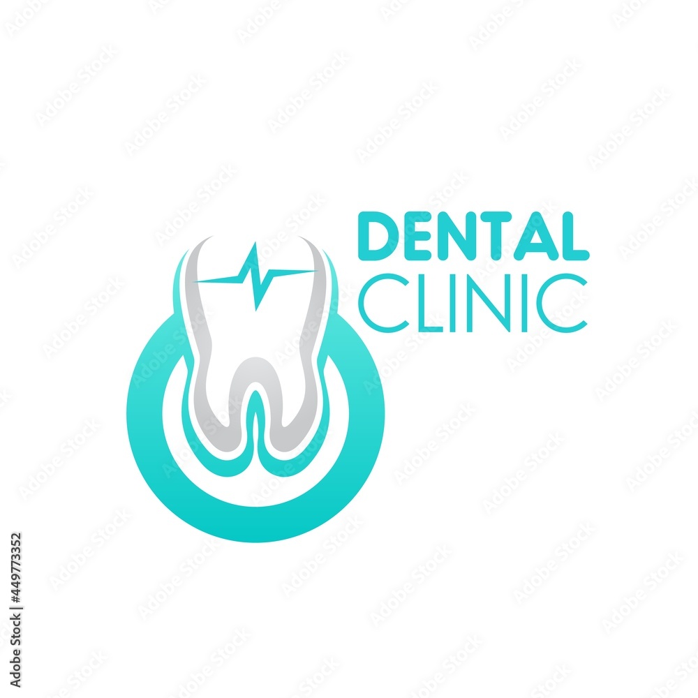 Dental clinic icon, vector sign with healthy tooth for dentistry medical service. Stomatology symbol, orthodontic teeth implants label, health care themed design element isolated on white background Dental clinic icon, vector sign with healthy tooth for dentistry medical service. Stomatology symbol, orthodontic teeth implants label, health care themed design element isolated on white background