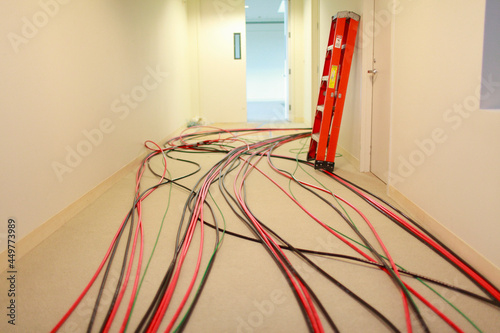 Electrical wires in hallway in new building