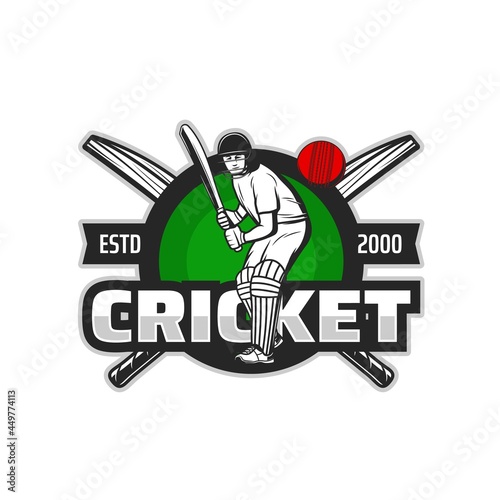 Cricket sport player vector icon of batsman hitting ball with bat, team game uniform safety helmet, leg pads and gloves on green grass field. Cricket sport club and championship match isolated symbol