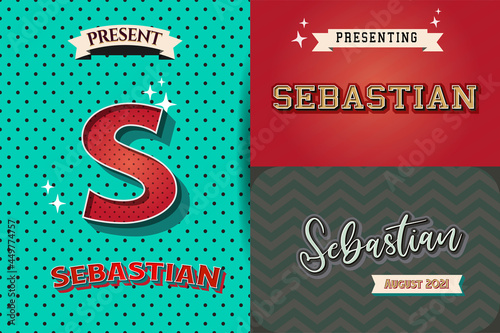 Name Sebastian in various Retro graphic design elements, set of vector Retro Typography graphic design illustration
