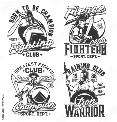 Tshirt prints with gladiator warriors with sword, spear and shield. Vector mascots for fighter club apparel design. Roman or greek knights in helmet with plumage. T shirt prints with typography set