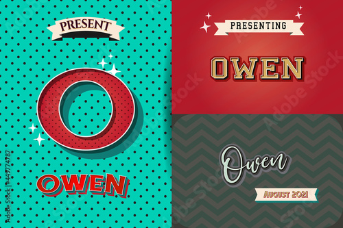 name Owen in various Retro graphic design elements, set of vector Retro Typography graphic design illustration photo