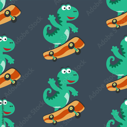 seamless pattern with cute dinosaurs on  skate board  For fabric textile  nursery  baby clothes  background  textile  wrapping paper and other decoration.