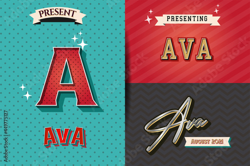 name Ava in various Retro graphic design elements, set of vector Retro Typography graphic design illustration photo