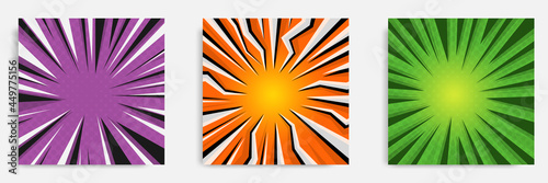 Set of different sunburst, starburst abstract vintage retro background template in purple, orange, green color. Suitable for banner, cartoon comic illustration.