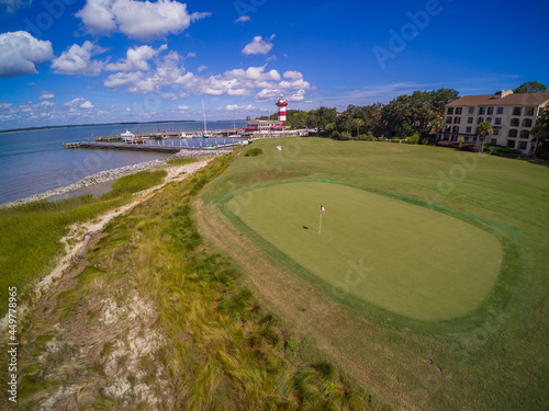 Εκτύπωση καμβά Aerial view of Hilton Head Island, USA, Harbour Town Golf Links with Harbour Tow