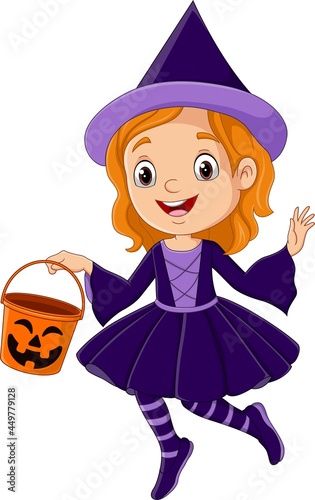 Cartoon girl wearing halloween witch costume holding pumpkin bucket