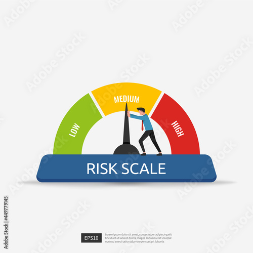 Businessman pushes risk scale arrow gauge indicator concept vector illustration.