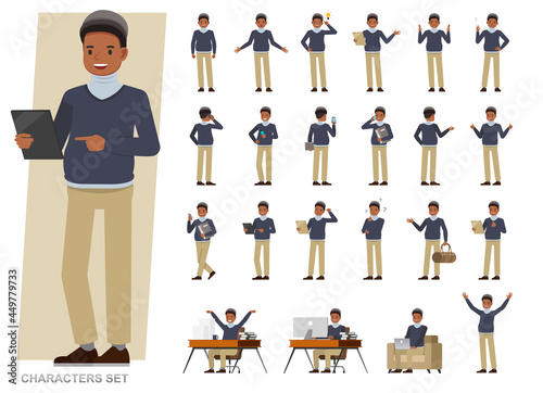 Set of businessman character vector design. Presentation in various action with emotions, running, standing and walking. People working in office planning, thinking and economic analysis.