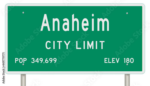 Rendering of a green California highway sign with city information