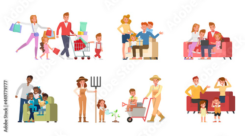 Set of Happy family people mother, father, grandparents and children together character vector design. Presentation in various action with emotions, running, standing and walking.