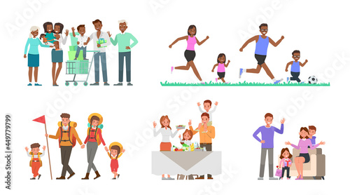 Set of Happy family people mother  father  grandparents and children together character vector design. Presentation in various action with emotions  running  standing and walking.