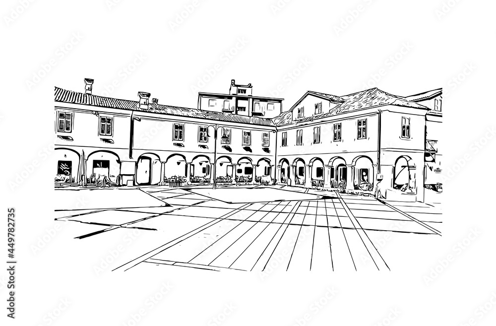 Building view with landmark of Gorizia is the 
town in Italy. Hand drawn sketch illustration in vector.