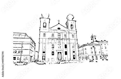 Building view with landmark of Gorizia is the town in Italy. Hand drawn sketch illustration in vector.