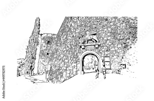 Building view with landmark of Gorizia is the 
town in Italy. Hand drawn sketch illustration in vector.