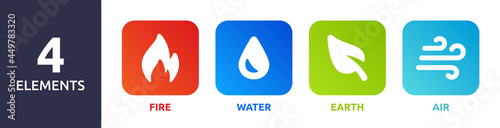 4 elements of nature symbols, containing fire, water, earth and air icon.