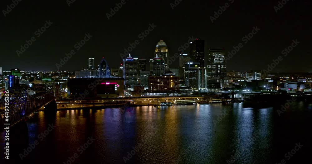 Louisville Kentucky Aerial v1 low level dolly in shot capturing beautiful illuminated downtown cityscape - Inspire 2, X7 camera - August 2020 Louisville Kentucky Aerial v1 low level dolly in shot capturing beautiful illuminated downtown cityscape - Inspire 2, X7 camera - August 2020