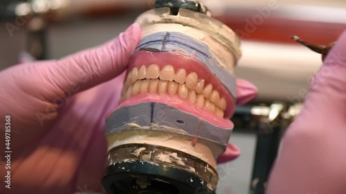 Modeling the installation of a denture with wax. Plaster and plastic impression of the dental arch and jaw. Dental technician creates removable orthodontic prosthesis with pink gum. 
