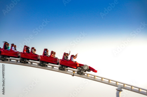 Фотография Close up view of a modern formula1 style roller coaster