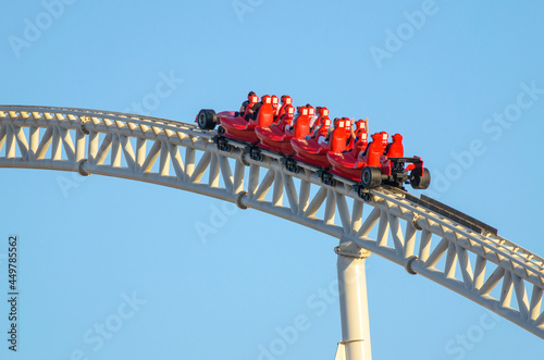 Close up view of a modern formula1 style roller coaster 