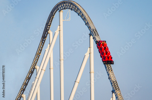 Close up view of a modern formula1 style roller coaster 