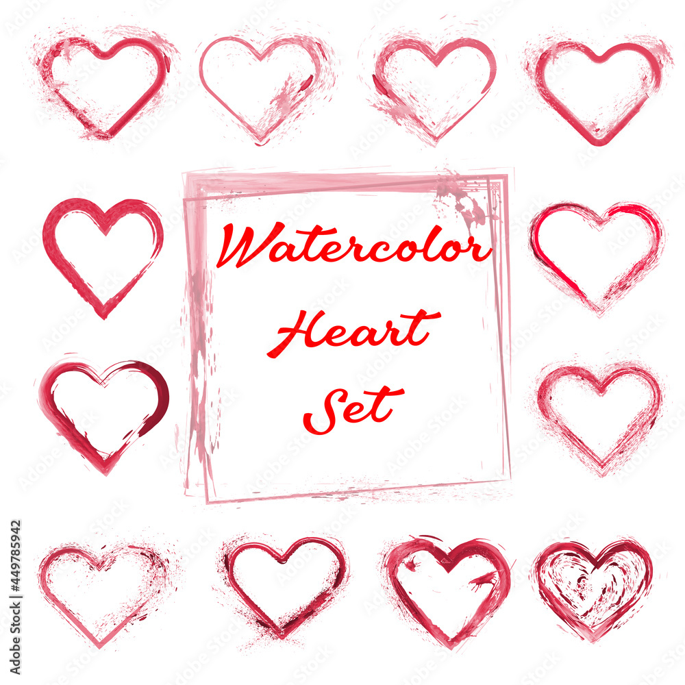 Hand draw heart set with watercolor and splash