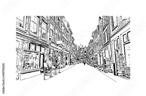 Building view with landmark of Haarlem is the 
city in the Netherlands. Hand drawn sketch illustration in vector.