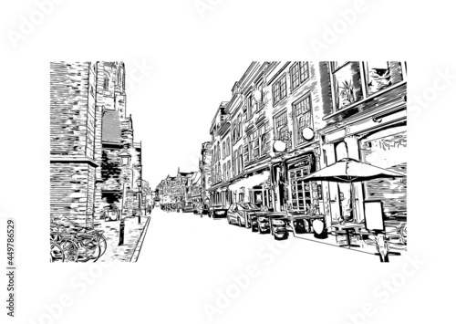 Building view with landmark of Haarlem is the 
city in the Netherlands. Hand drawn sketch illustration in vector.
