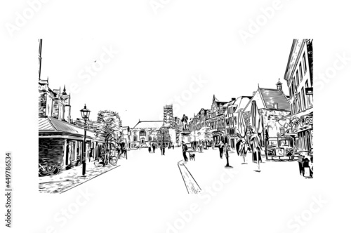 Building view with landmark of Haarlem is the 
city in the Netherlands. Hand drawn sketch illustration in vector.