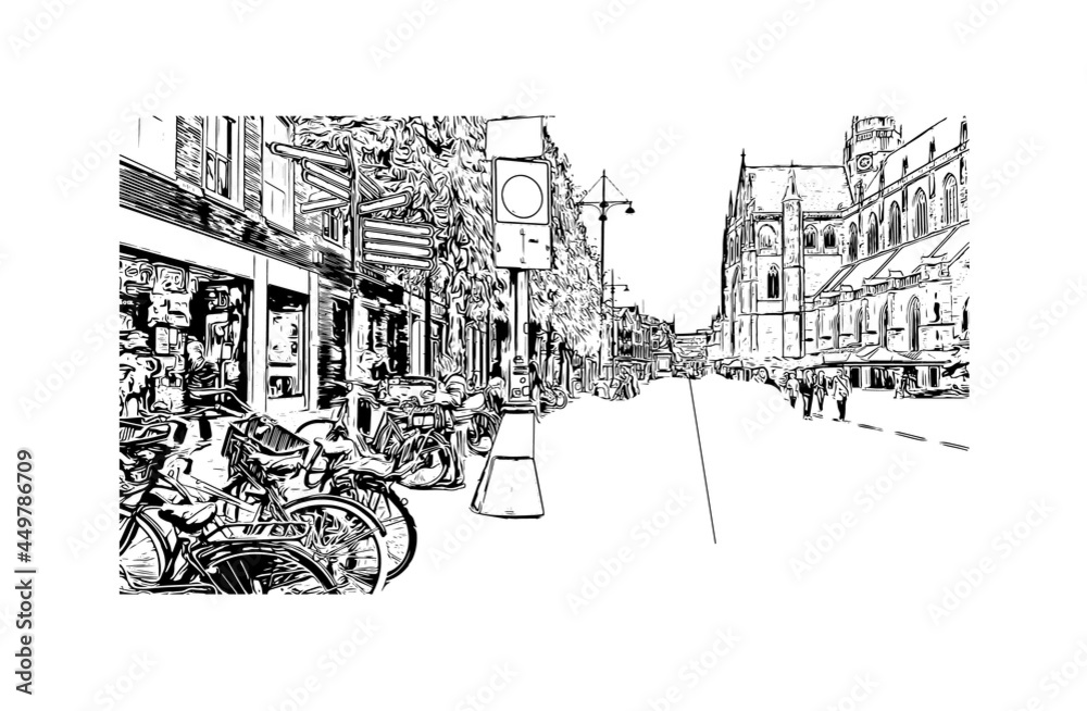 Building view with landmark of Haarlem is the 
city in the Netherlands. Hand drawn sketch illustration in vector.