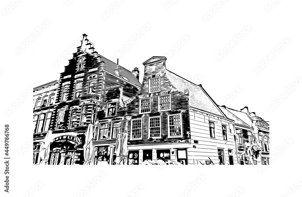 Building view with landmark of Haarlem is the 
city in the Netherlands. Hand drawn sketch illustration in vector.