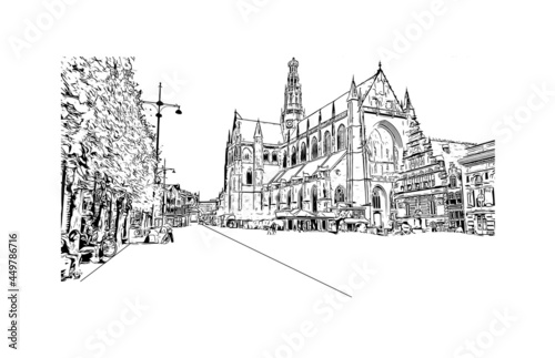 Building view with landmark of Haarlem is the  city in the Netherlands. Hand drawn sketch illustration in vector. © dhanu3182