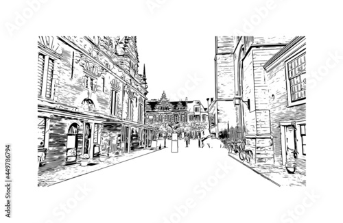 Building view with landmark of Haarlem is the 
city in the Netherlands. Hand drawn sketch illustration in vector.