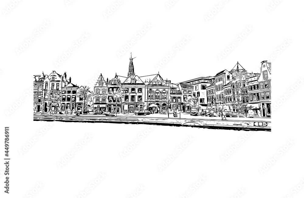 Building view with landmark of Haarlem is the 
city in the Netherlands. Hand drawn sketch illustration in vector.