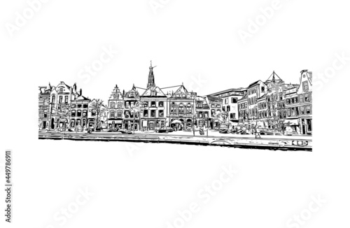 Building view with landmark of Haarlem is the 
city in the Netherlands. Hand drawn sketch illustration in vector.