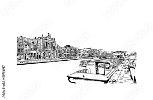 Building view with landmark of Haarlem is the 
city in the Netherlands. Hand drawn sketch illustration in vector.