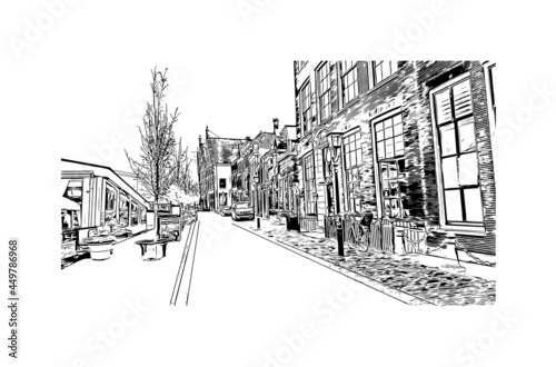Building view with landmark of Haarlem is the 
city in the Netherlands. Hand drawn sketch illustration in vector.
