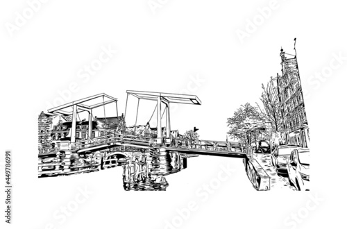 Building view with landmark of Haarlem is the 
city in the Netherlands. Hand drawn sketch illustration in vector.
