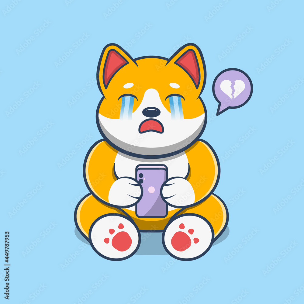 Cute Shiba Inu Dog Holding a Smartphone And Crying Cartoon Vector Icon Illustration Cute Shiba Inu Dog Holding a Smartphone And Crying Cartoon Vector Icon Illustration